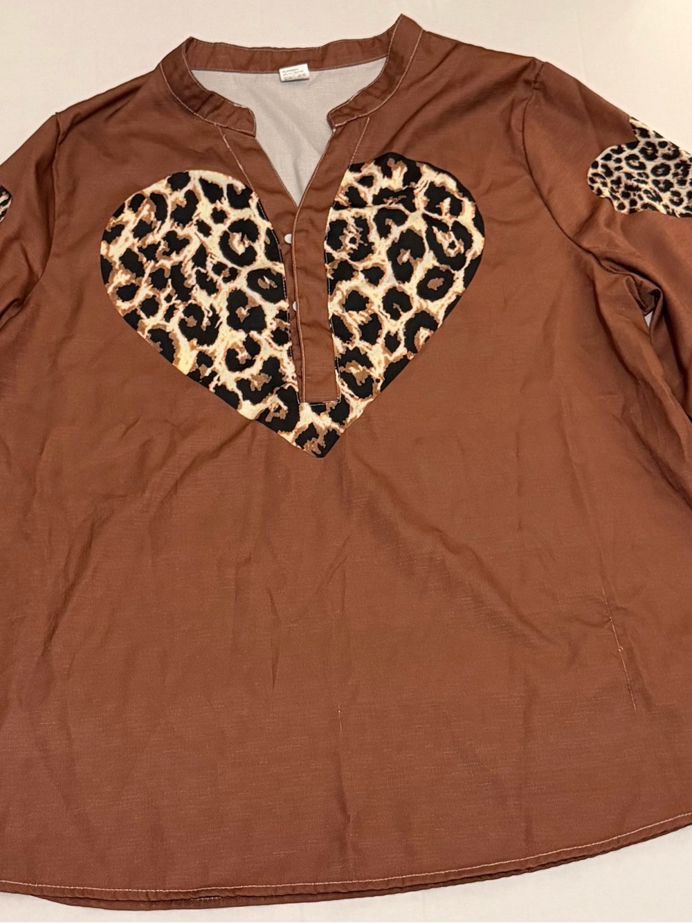 #106 XL Brown Long-Sleeve Top with Leopard Heart on front and both sleeves
